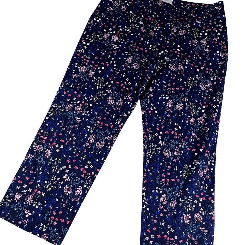 Talbots Ankle Pants Women 14 Navy Blue Floral Print Straight Leg Stretch